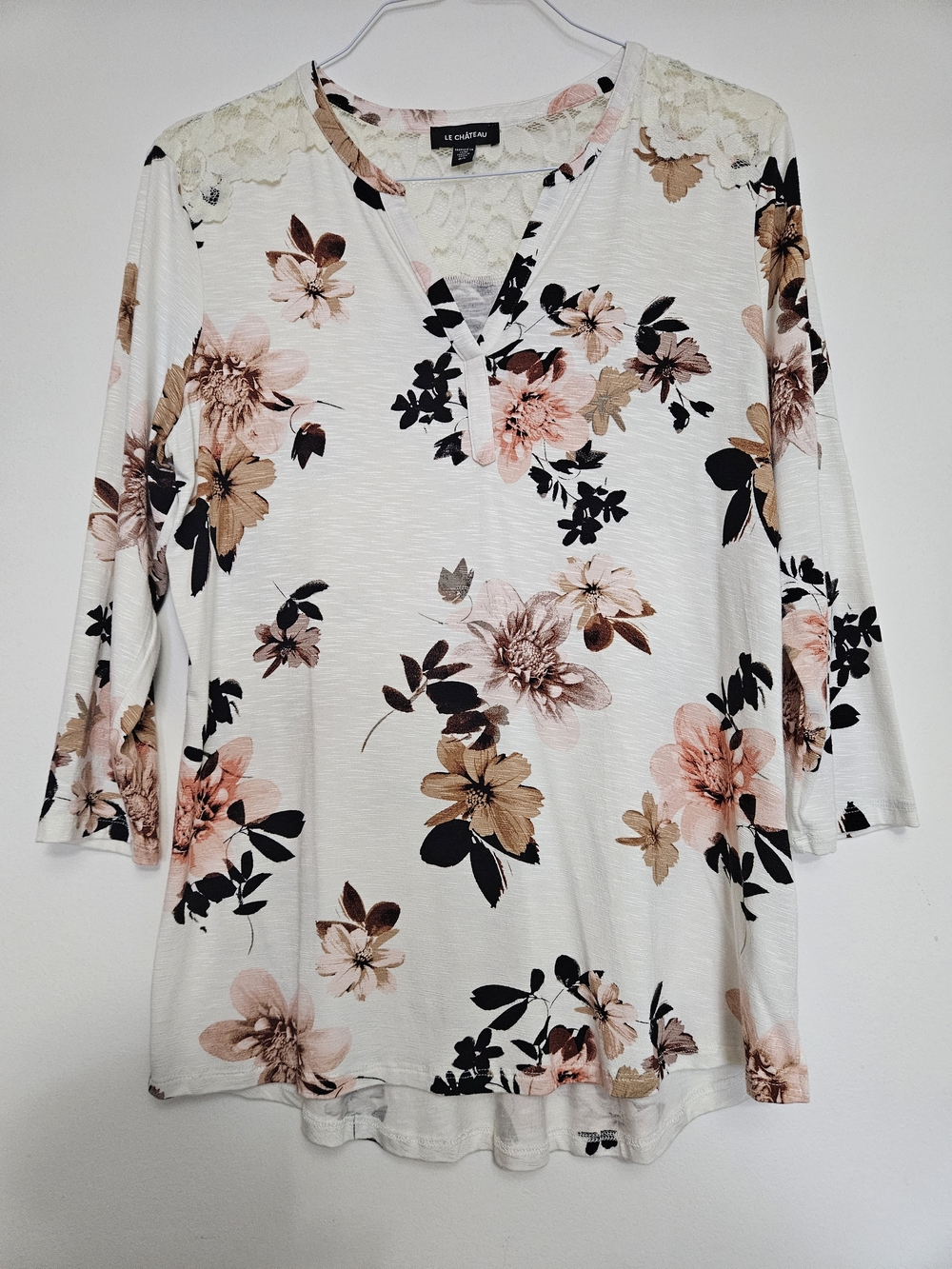 le chateau White Floral V-Neck Lace-Trim Tunic with Pink and Brown Blooms